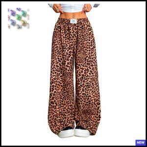 Leopard Wide Leg Pants Elastic High Waist Cheetah Print Trousers Y2K Chic